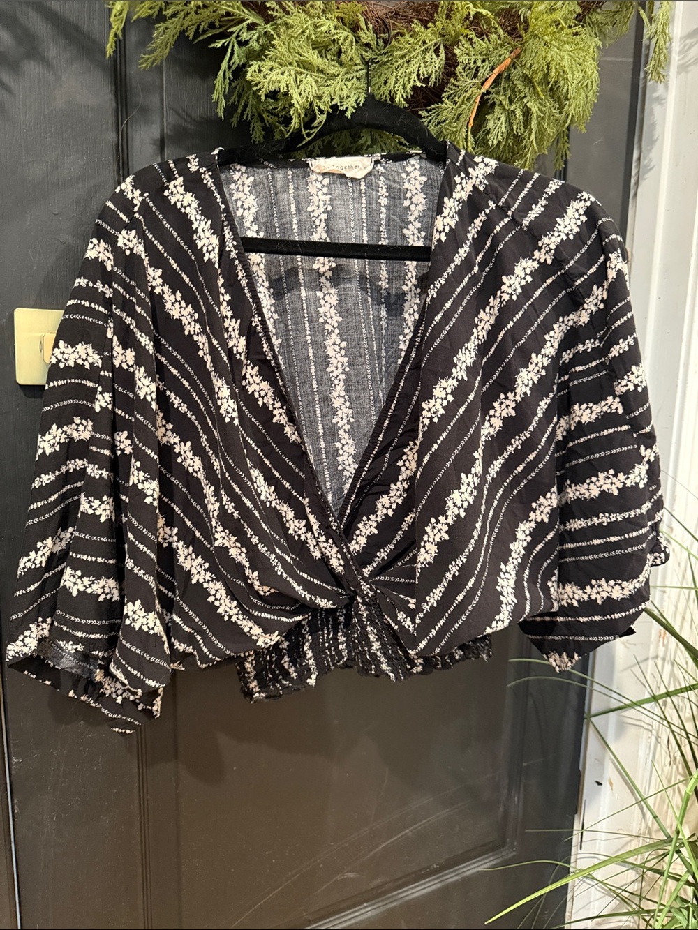 Together Black & Cream Floral Stripe Tie-Front Crop Top